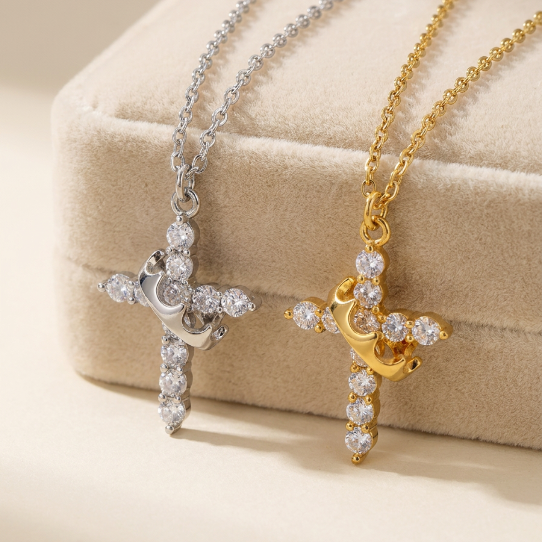 Rotating Crown Cross Necklace